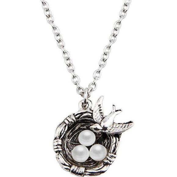 New Womens Vintage Inspired Silver Mama Bird W 3 Pearl Eggs 3 Kids Nest Necklace - Picture 1 of 2